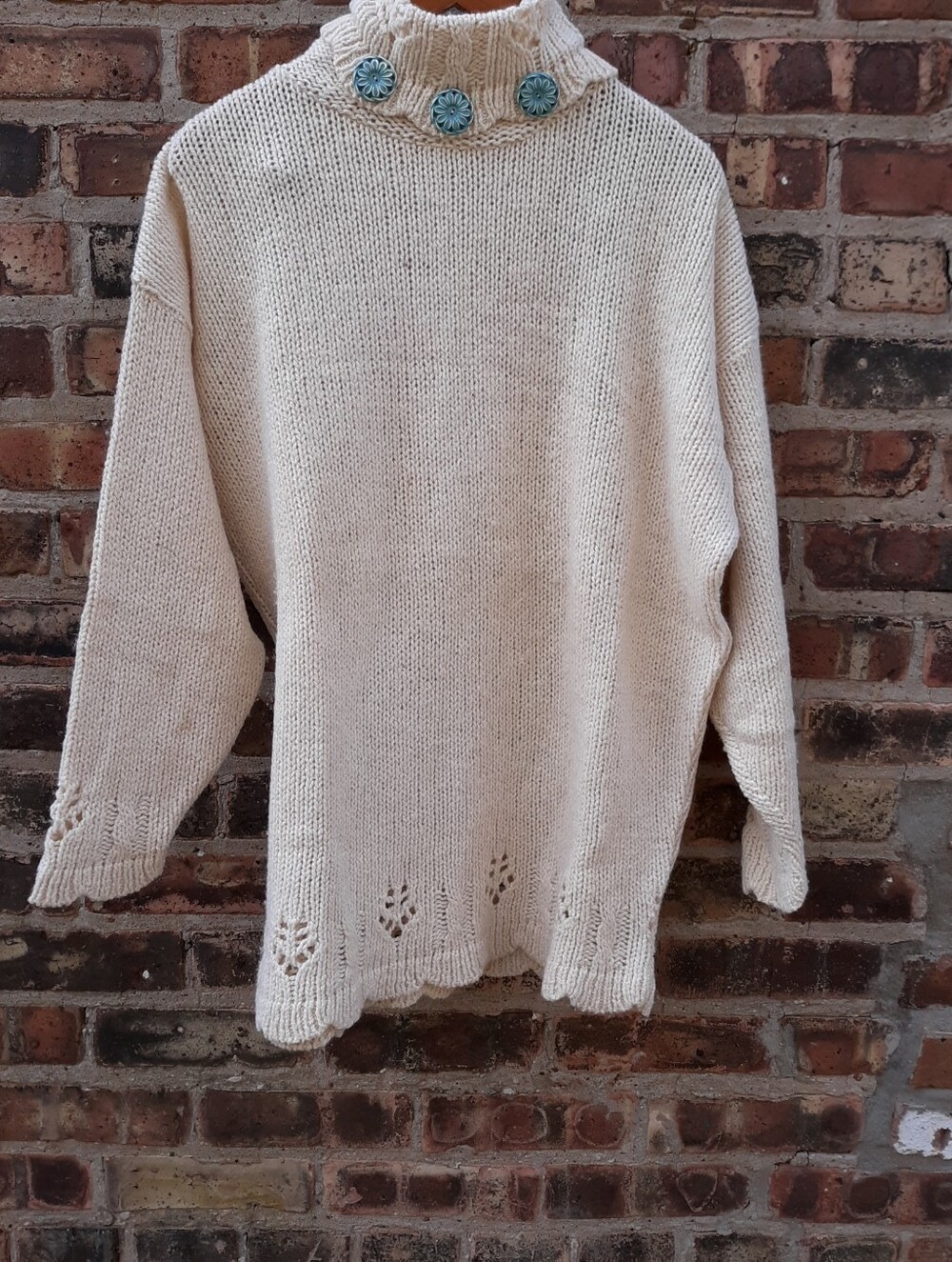 VTG Laura Ashley Great Britain Chunky Knit Sweater Cotton Wool Cream M/L Flawed